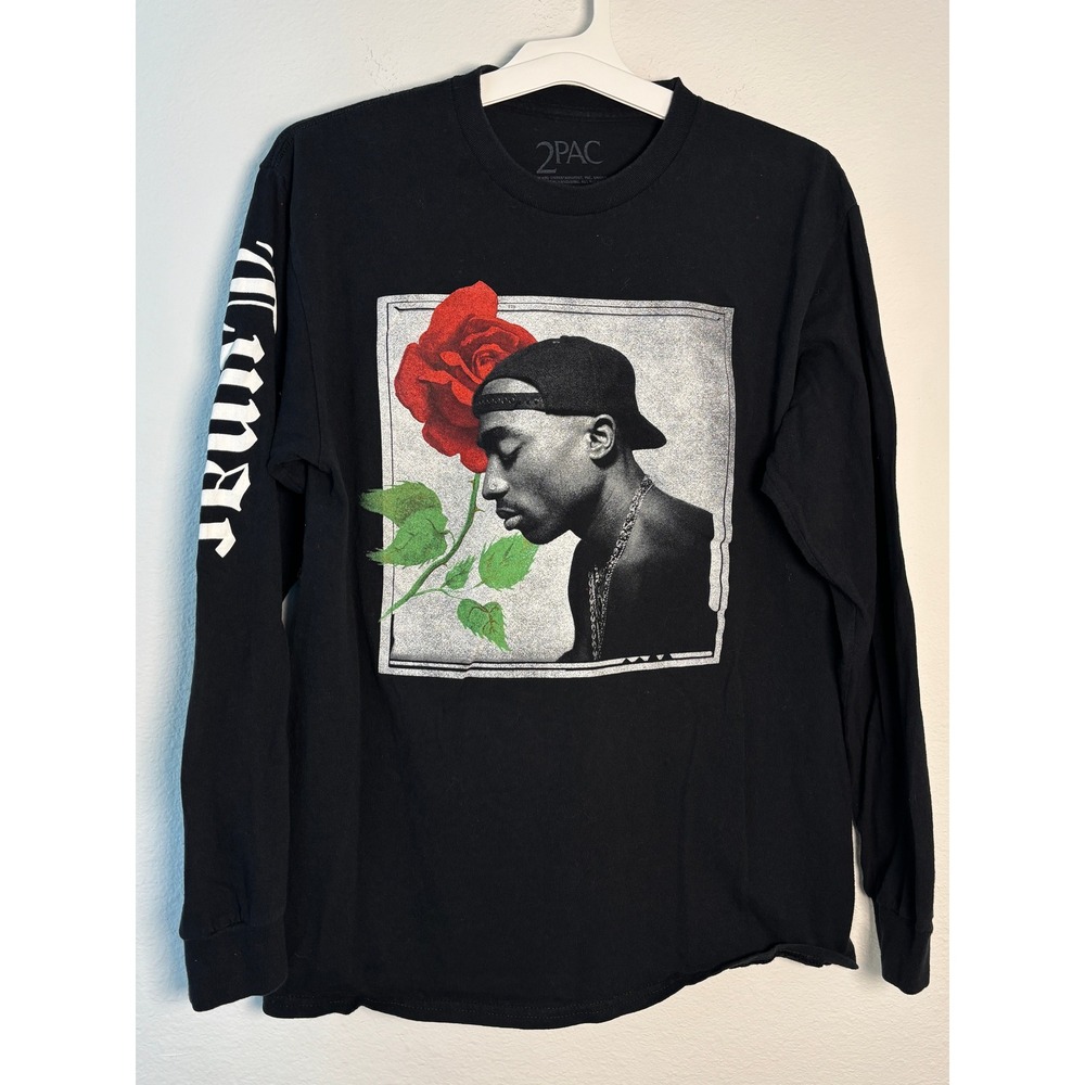 2Pac Shakur Rose Graphic Long Sleeve‎ T-Shirt Mens Medium Black Hip Hop Rap Tee